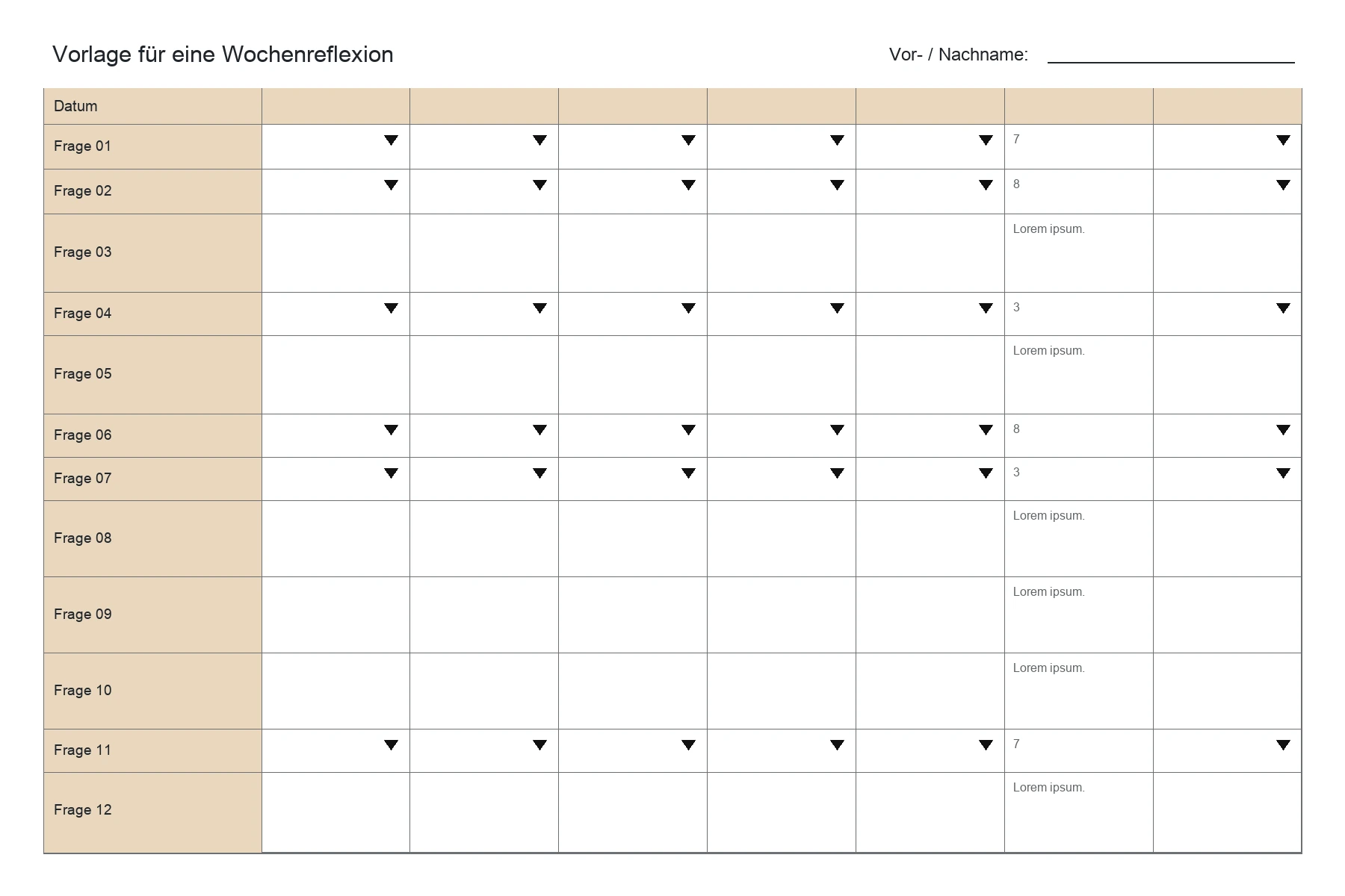 Starres PDF-Formular mit kleinen Eingabefeldern für eine ganze Woche.