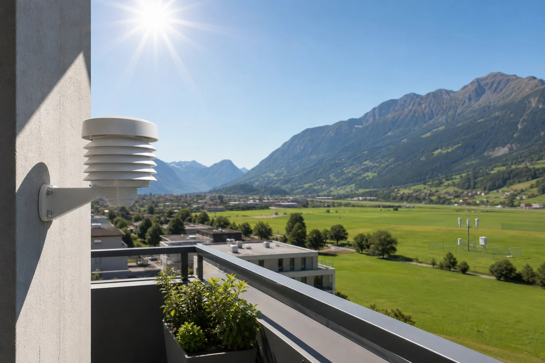 Private Wetterstation auf einem sonnigen Balkon.